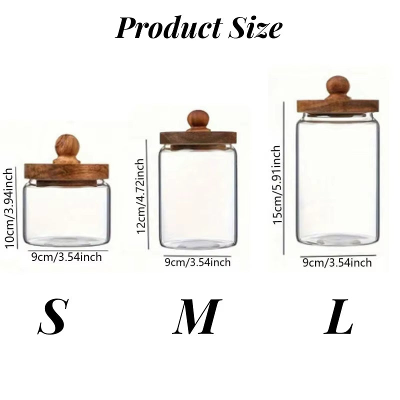 Glass Food Storage Jar with Wood Lid Airtight Sealed Clear Container for Coffee Beans Nuts Spice Candy Moisture-Proof Storage