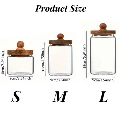 Glass Food Storage Jar with Wood Lid Airtight Sealed Clear Container for Coffee Beans Nuts Spice Candy Moisture-Proof Storage