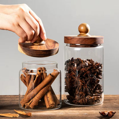 Glass Food Storage Jar with Wood Lid Airtight Sealed Clear Container for Coffee Beans Nuts Spice Candy Moisture-Proof Storage