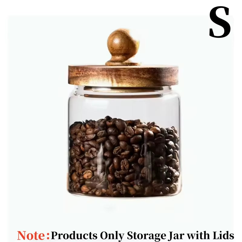 Glass Food Storage Jar with Wood Lid Airtight Sealed Clear Container for Coffee Beans Nuts Spice Candy Moisture-Proof Storage