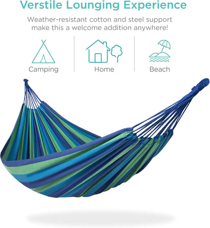 2-Person Brazilian Double Hammock Bed W/ Carrying Bag for Backyard, Patio, Indoor Outdoor Use, Cross-Woven Cotton Fabric for Comfort - Blue