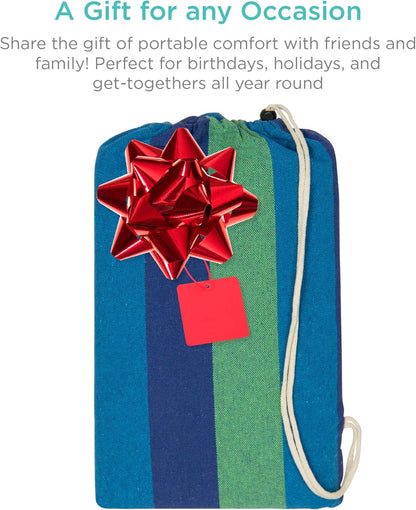 2-Person Brazilian Double Hammock Bed W/ Carrying Bag for Backyard, Patio, Indoor Outdoor Use, Cross-Woven Cotton Fabric for Comfort - Blue