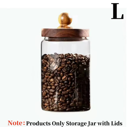 Glass Food Storage Jar with Wood Lid Airtight Sealed Clear Container for Coffee Beans Nuts Spice Candy Moisture-Proof Storage