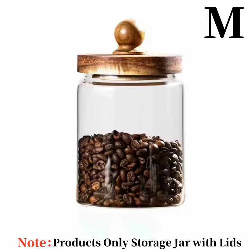 Glass Food Storage Jar with Wood Lid Airtight Sealed Clear Container for Coffee Beans Nuts Spice Candy Moisture-Proof Storage